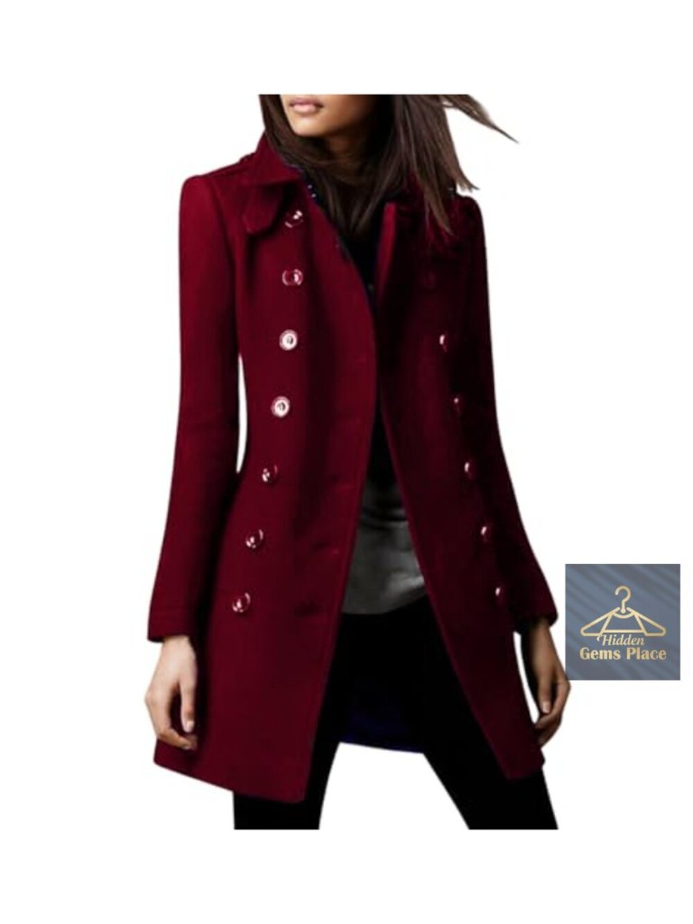 Women's Double Breasted Wool Blend Pea Coat Long Sleeve Winter Trench, Button